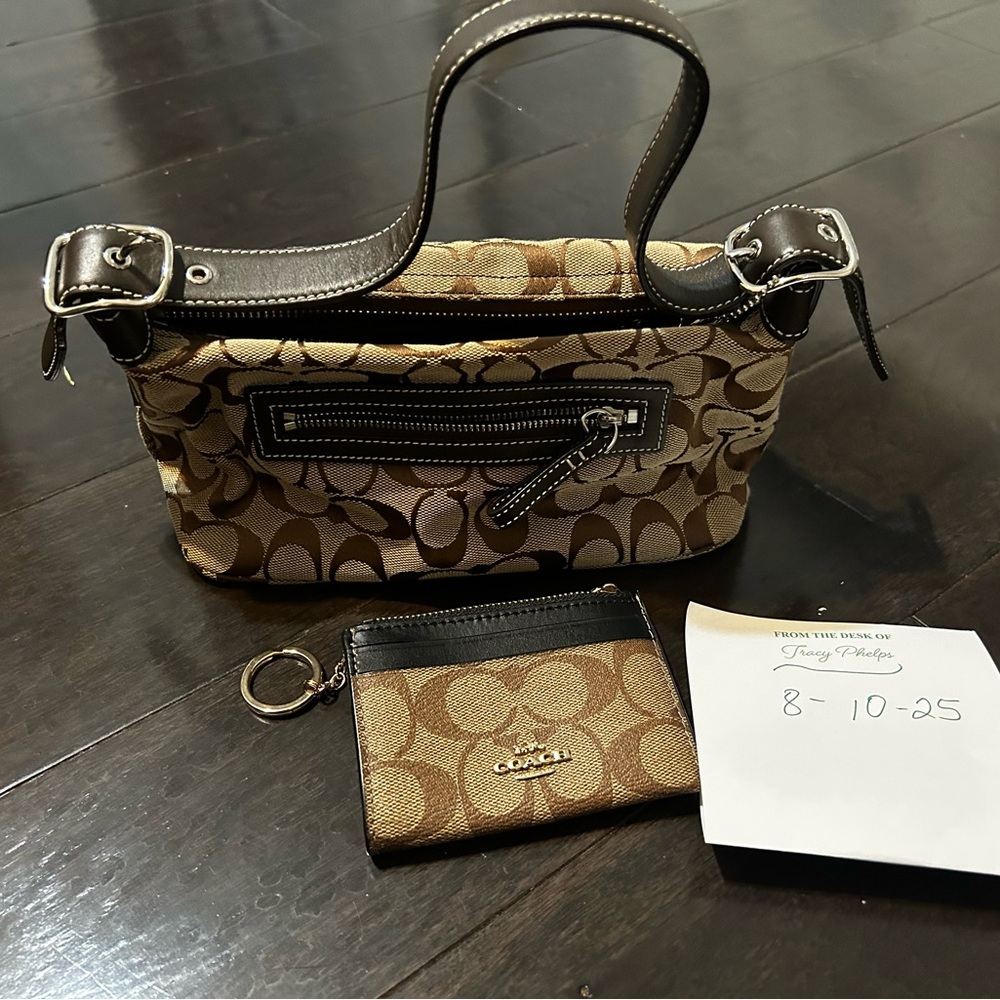 Coach Tan and Brown Signature small Shoulder Bag with matching  card case